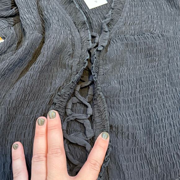Topshop Women’s 6 Black Lace up Textured Smocked Long Sleeve V-neck shirt Goth - Picture 7 of 10